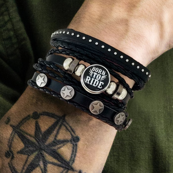 Born to Ride Multilayer Leather Bracelet Set | Silverado Outpost
