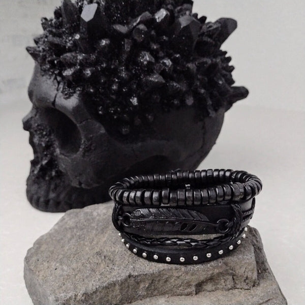 Crow Feather Bracelet Set - Black