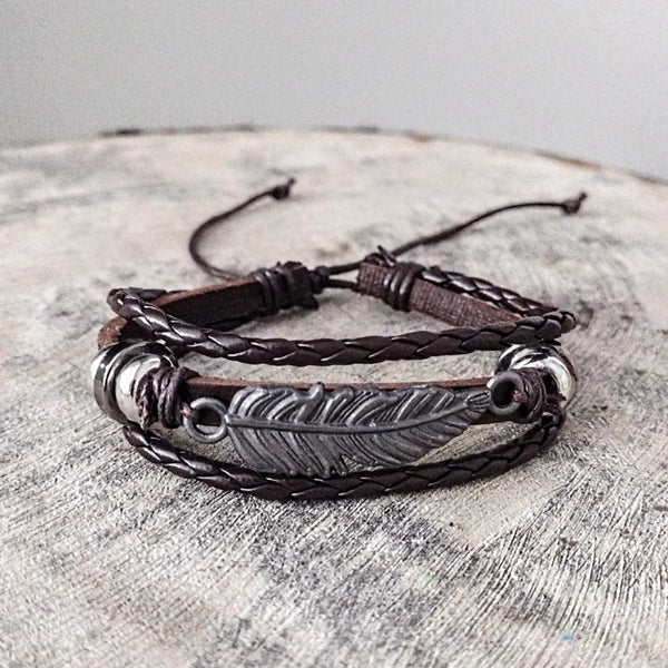 Feather Leather Bracelet - Brown