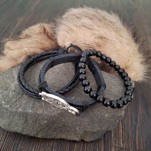 Viking Wolf Bracelet Set - Black