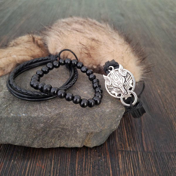 Viking Wolf Bracelet Set - Black