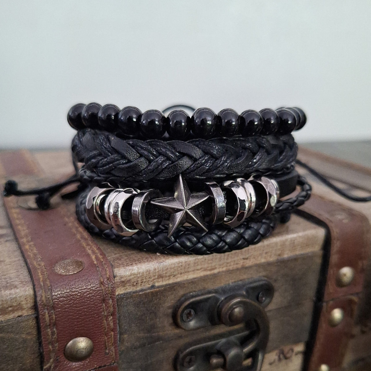 Star All Black Leather Bracelet Set | Silverado Outpost