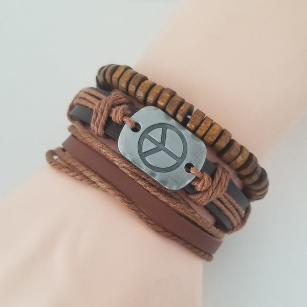 Peace Leather Bracelet Set - Brown