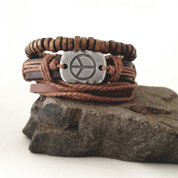 Peace Leather Bracelet Set - Brown