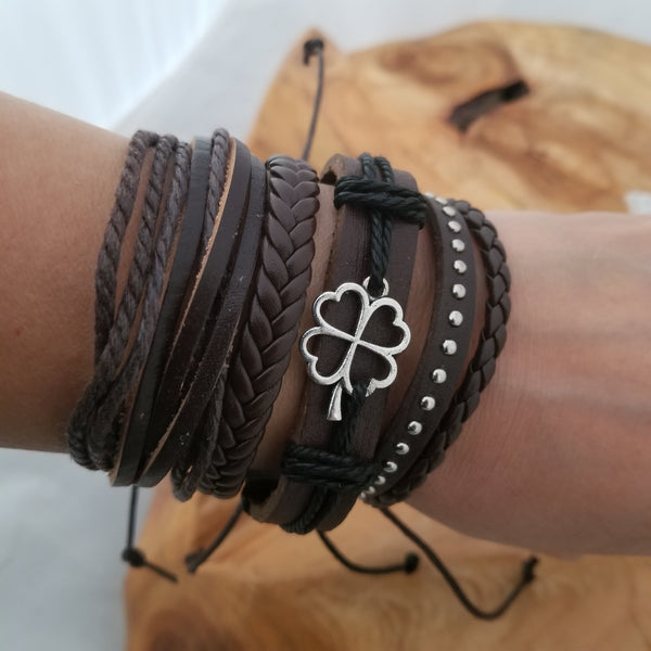 Lucky Clover Bracelet Set - Brown