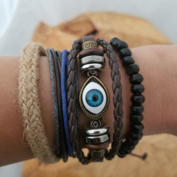 Evil Eye Multilayer Leather Bracelet Set