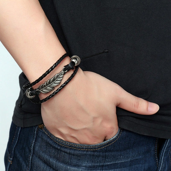 Feather Leather Bracelet - Black - Silverado Outpost