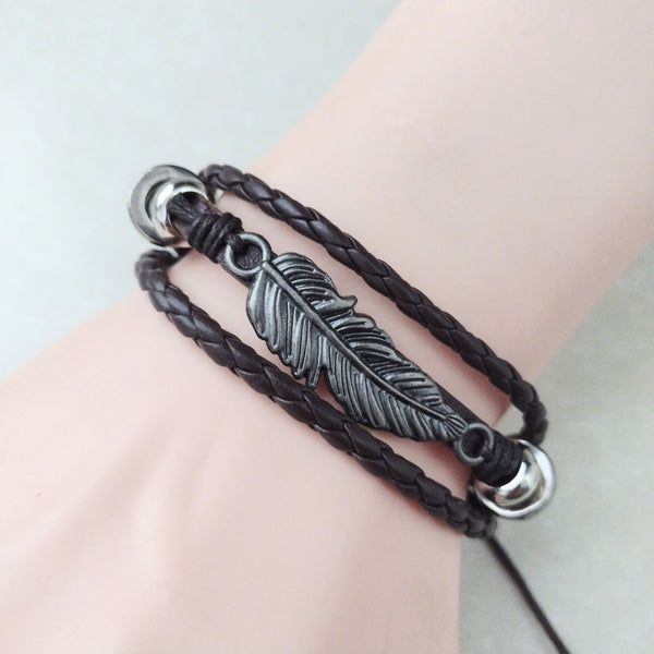 Feather Leather Bracelet - Brown