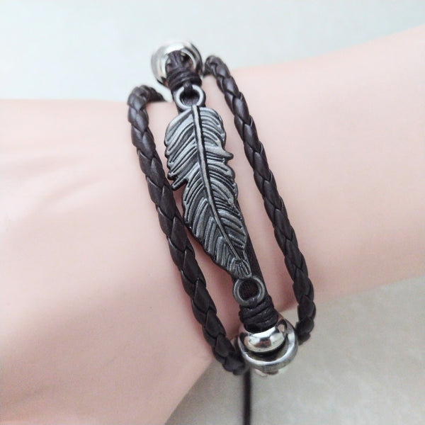 Feather Leather Bracelet - Brown