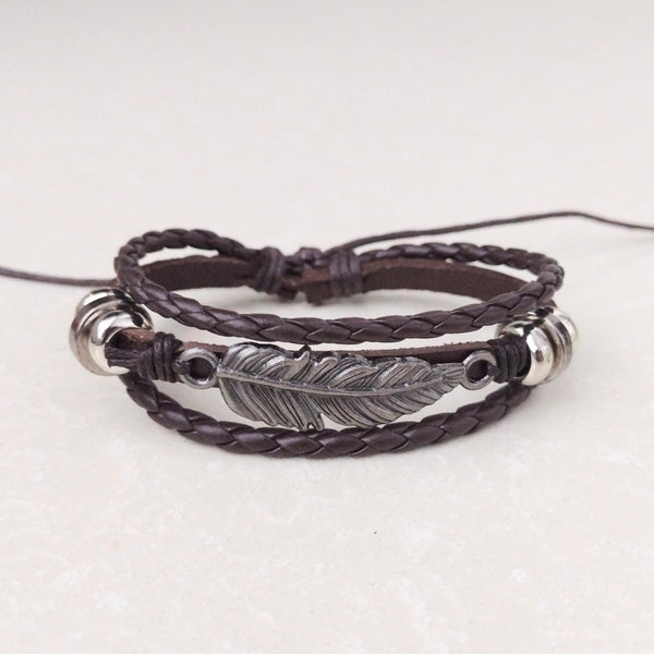 Feather Leather Bracelet - Brown