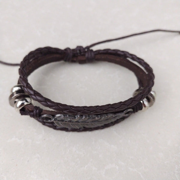 Feather Leather Bracelet - Brown