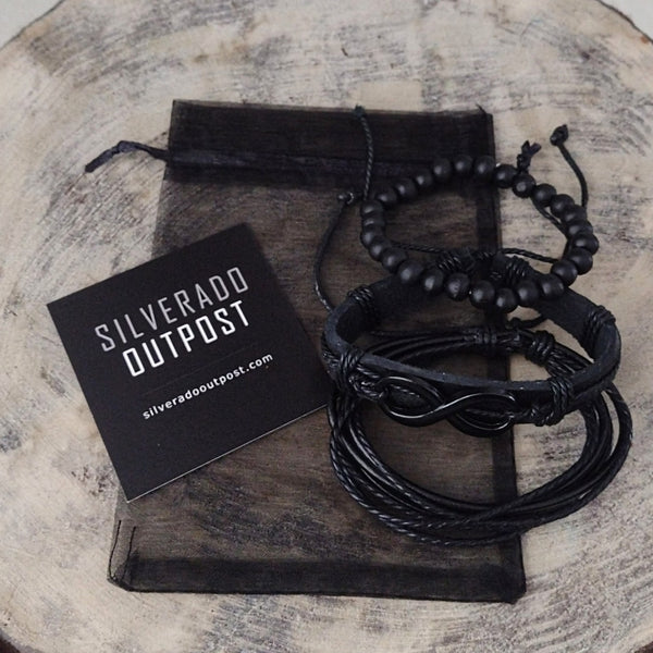 Infinity Black Leather Bracelet Set