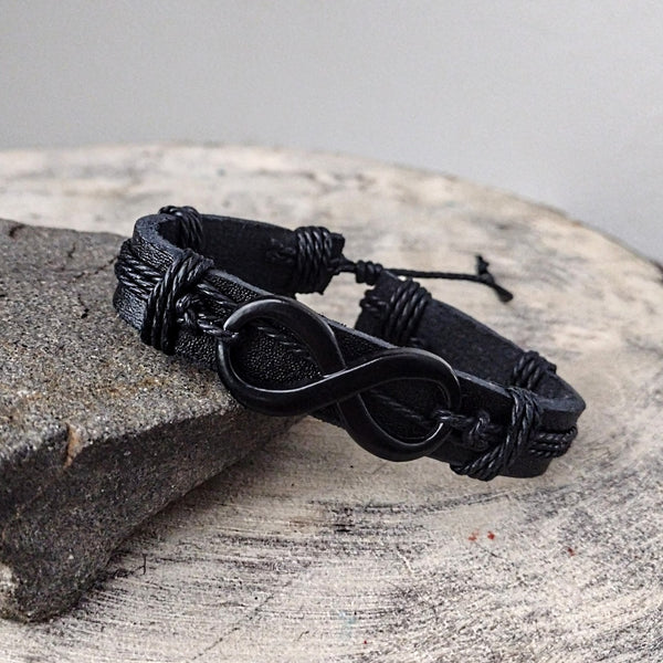 Infinity Black Leather Bracelet Set