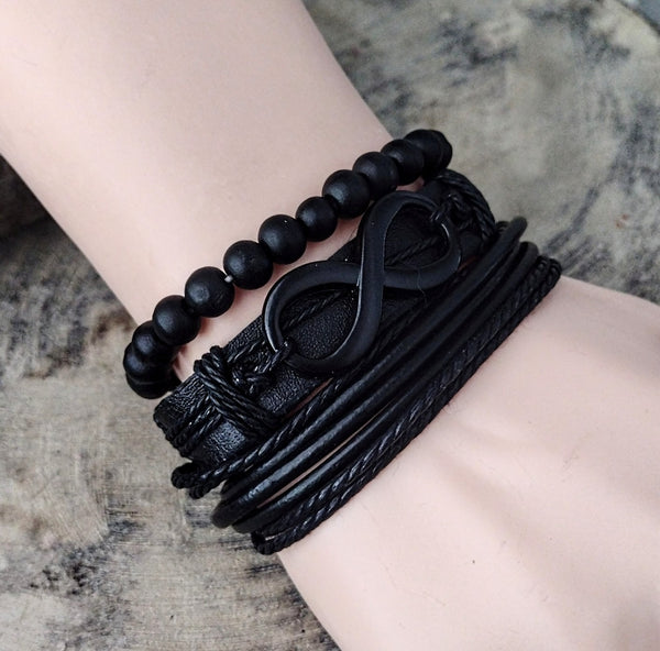 Infinity Black Leather Bracelet Set