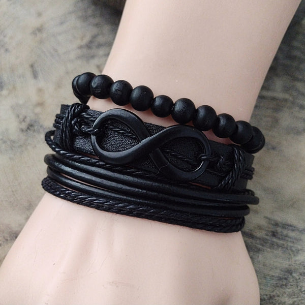Infinity Black Leather Bracelet Set