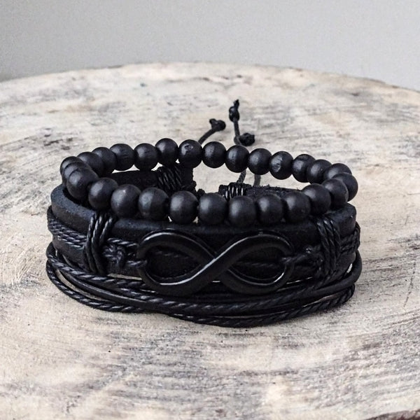 Infinity Black Leather Bracelet Set