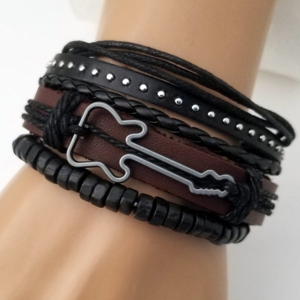 Brown Guitar Multilayer Leather Bracelet Set - Silverado Outpost