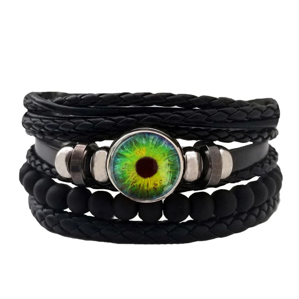 Dragon Eye Leather Bracelet Set - Green Round