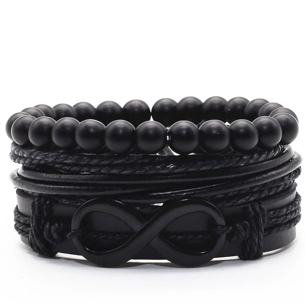 Infinity Black Leather Bracelet Set