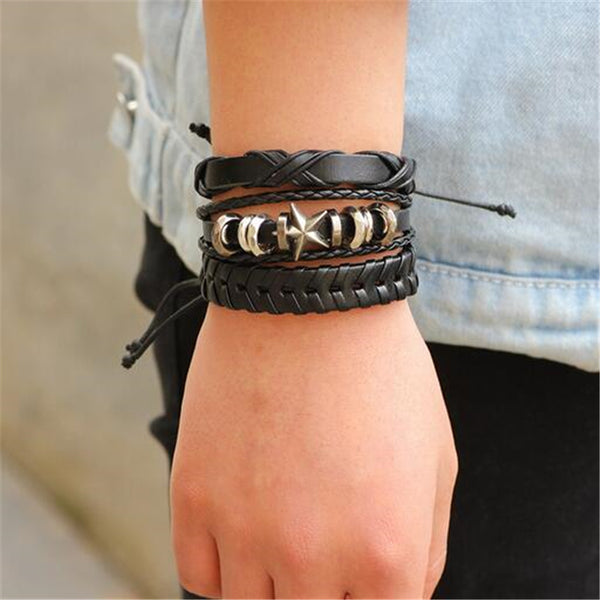 Skull Leather Bracelet Set - Silverado Outpost