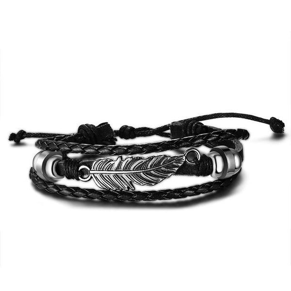 Feather Leather Bracelet - Black - Silverado Outpost