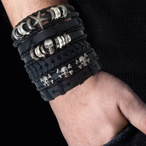 Skull Leather Bracelet Set - Silverado Outpost