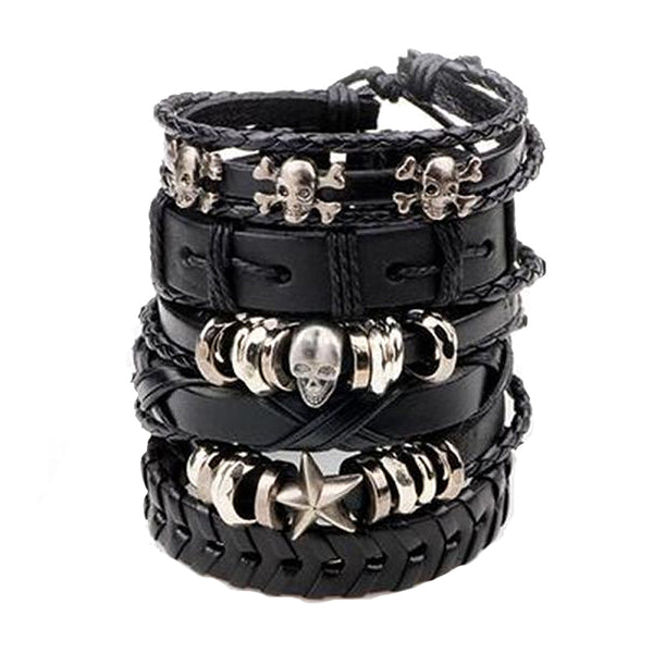 Skull Leather Bracelet Set - Silverado Outpost