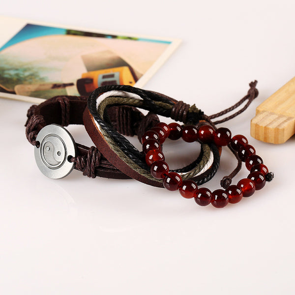 Yin Yang Brown Leather Bracelet Set - Silverado Outpost