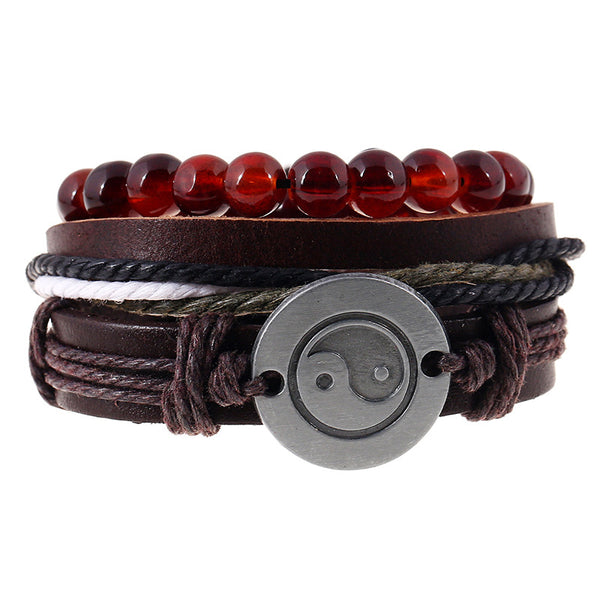 Yin Yang Brown Leather Bracelet Set - Silverado Outpost