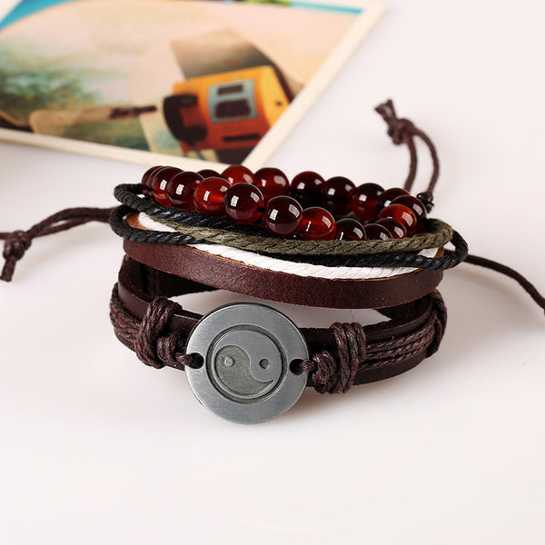 Yin Yang Brown Leather Bracelet Set - Silverado Outpost