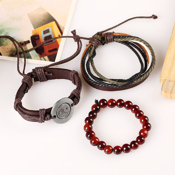 Yin Yang Brown Leather Bracelet Set - Silverado Outpost