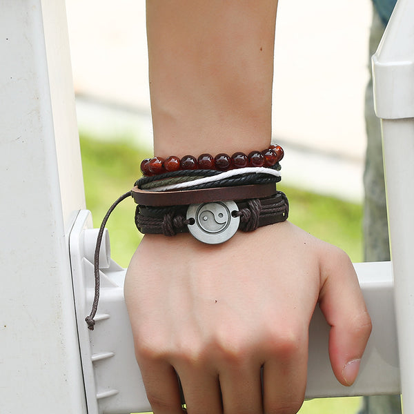 Yin Yang Brown Leather Bracelet Set - Silverado Outpost