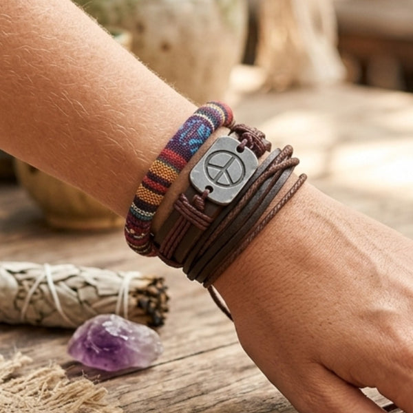 Peace Symbol Leather Wrist Stack | Boho Hippie Festival Bracelet Set | Aesthetic Summer Jewelry Gift for Men & Women