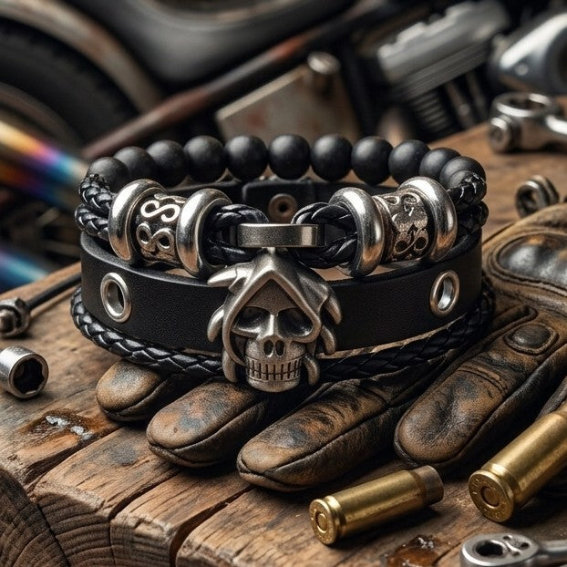 Skull Leather Bracelet | Silverado Outpost