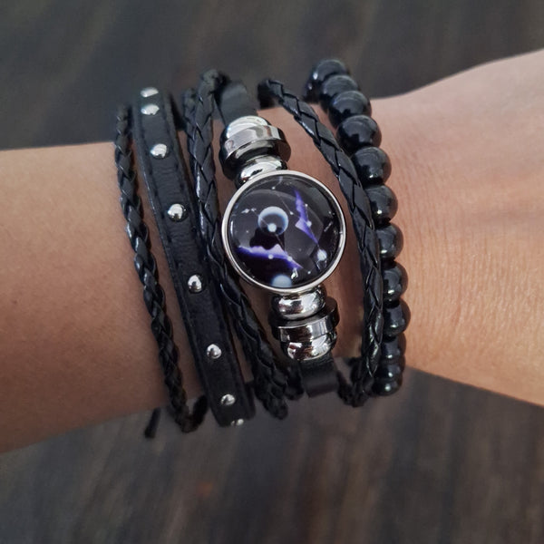 Cosmic Black Leather Bracelet Set