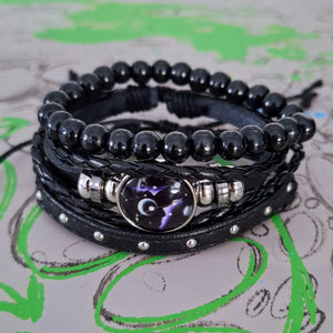 Cosmic Black Leather Bracelet Set