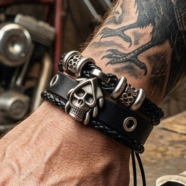 Skull Leather Bracelet | Silverado Outpost