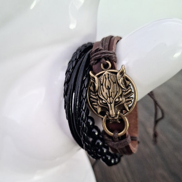 Viking Wolf Bracelet Set - Brown