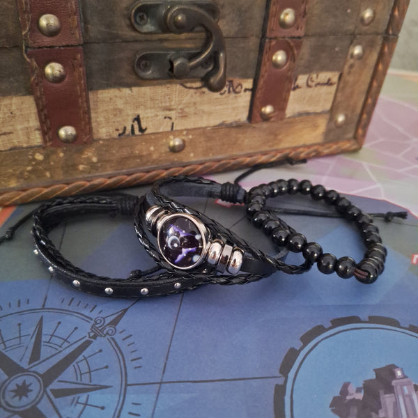 Cosmic Black Leather Bracelet Set