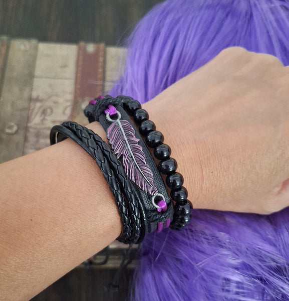 Purple Raven Feather Bracelet Set