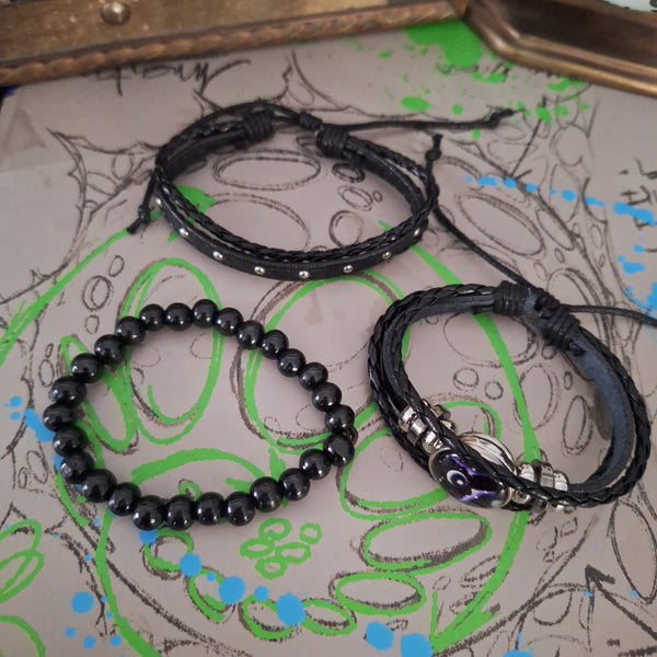 Cosmic Black Leather Bracelet Set