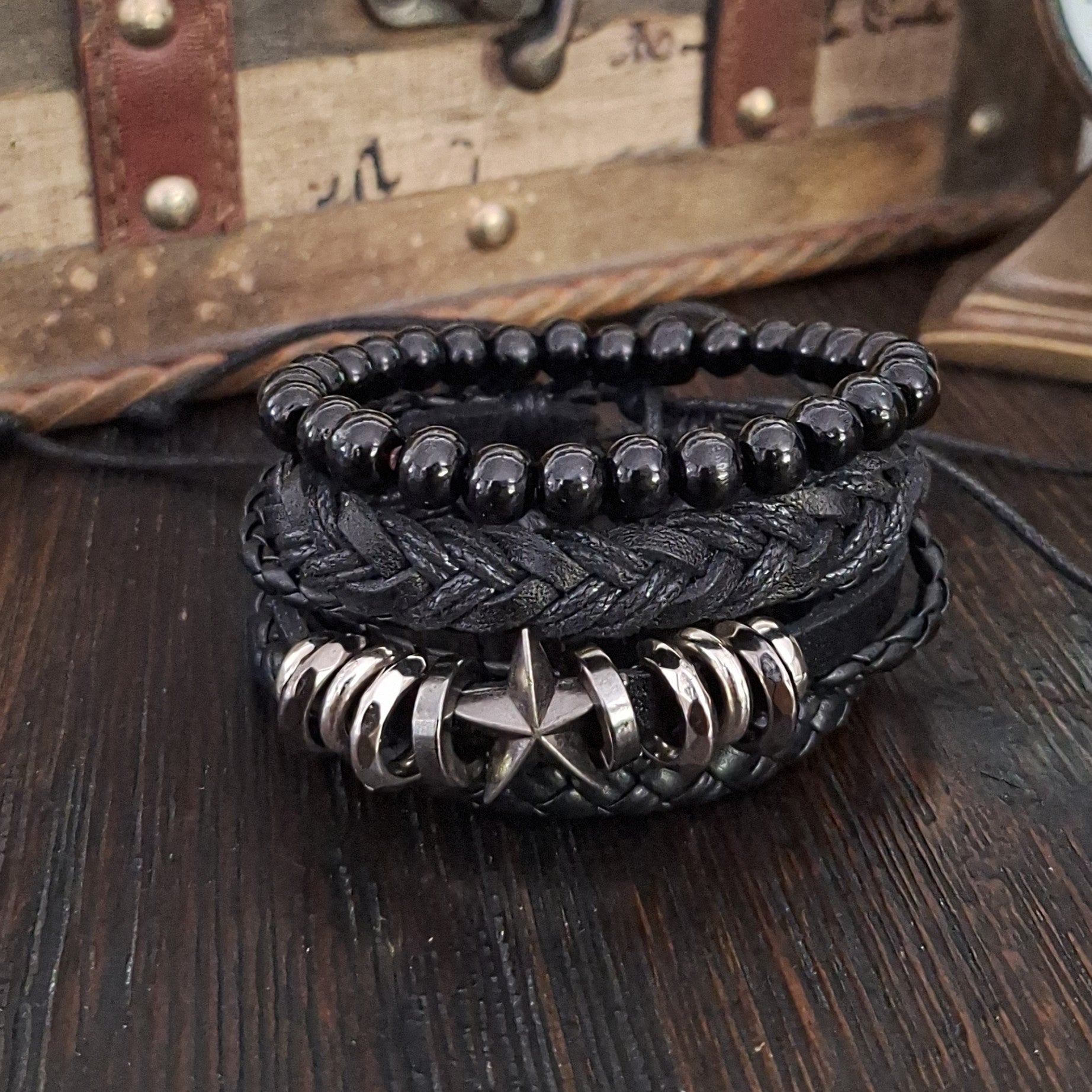Star All Black Leather Bracelet Set | Silverado Outpost