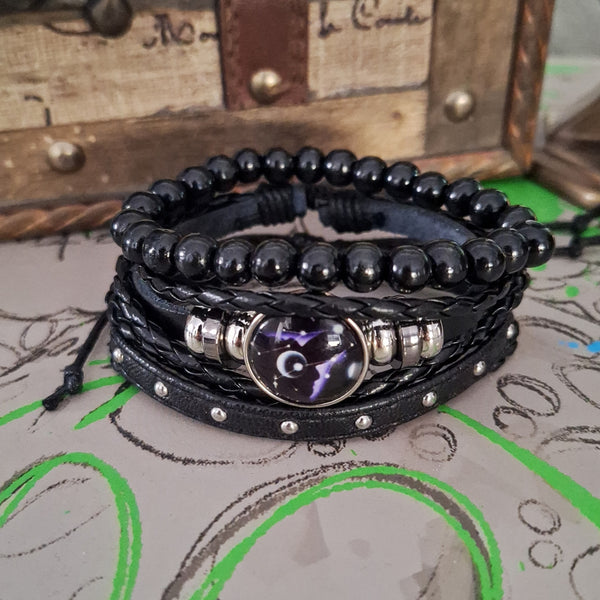 Cosmic Black Leather Bracelet Set