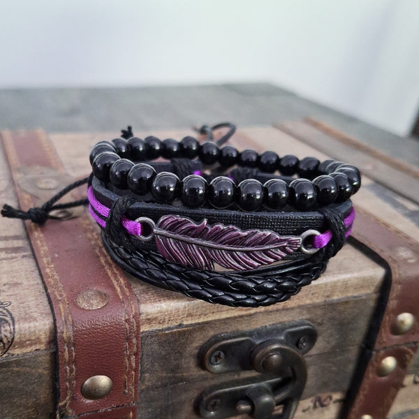 Purple Raven Feather Bracelet Set