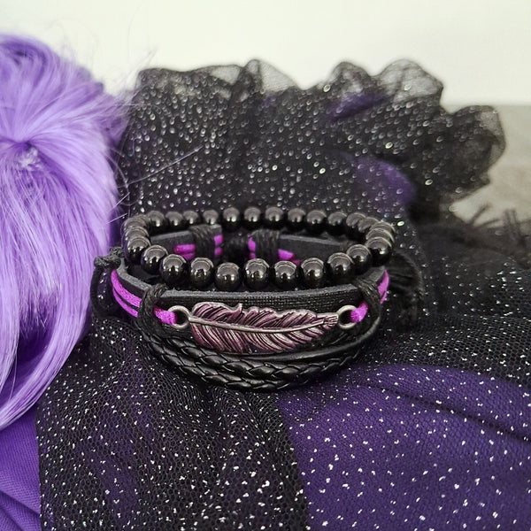 Purple Raven Feather Bracelet Set