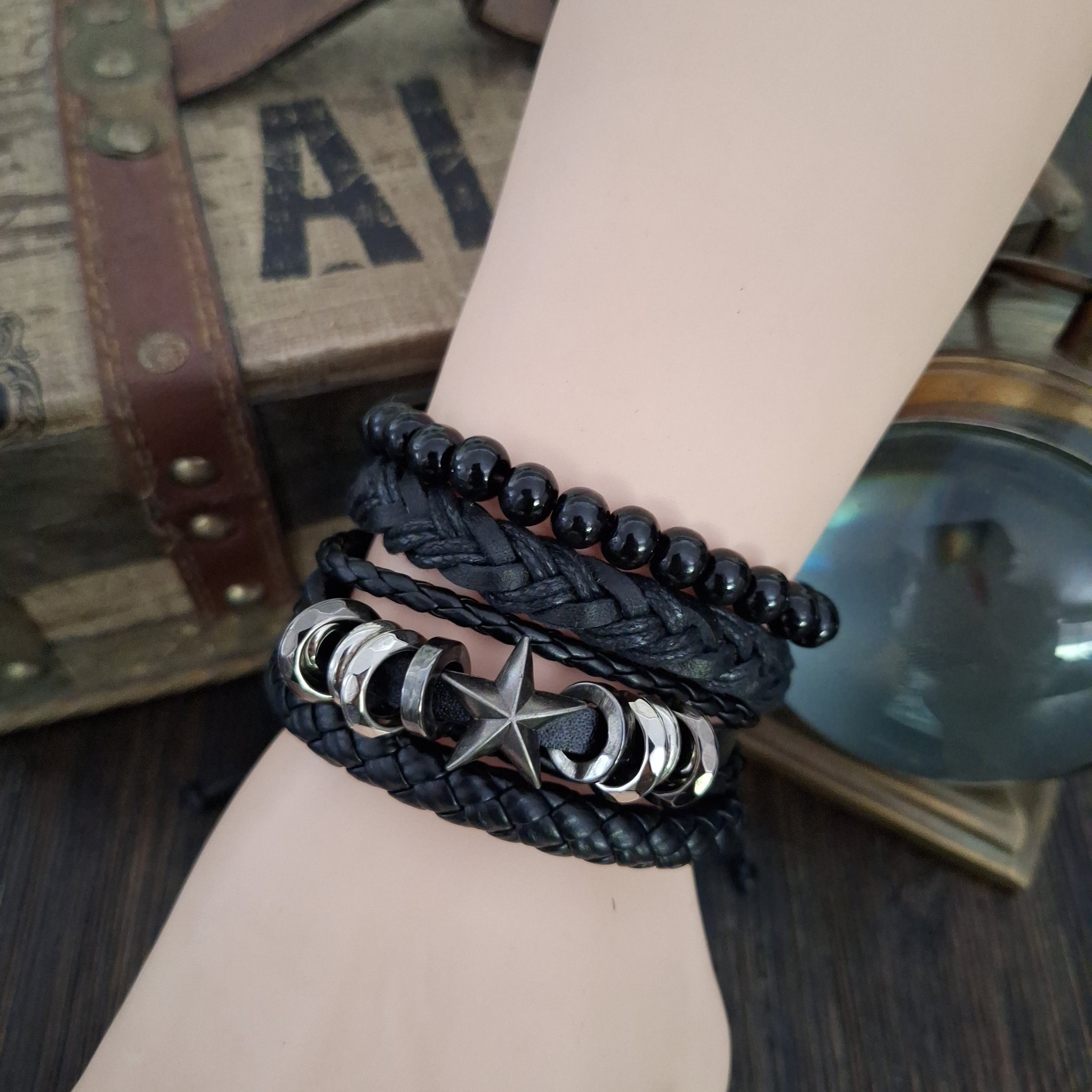 Star All Black Leather Bracelet Set | Silverado Outpost