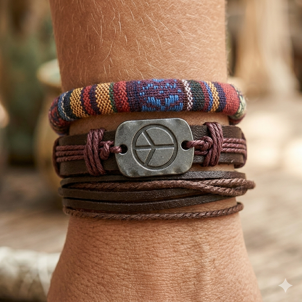 Peace Symbol Leather Wrist Stack | Boho Hippie Festival Bracelet Set | Aesthetic Summer Jewelry Gift for Men & Women