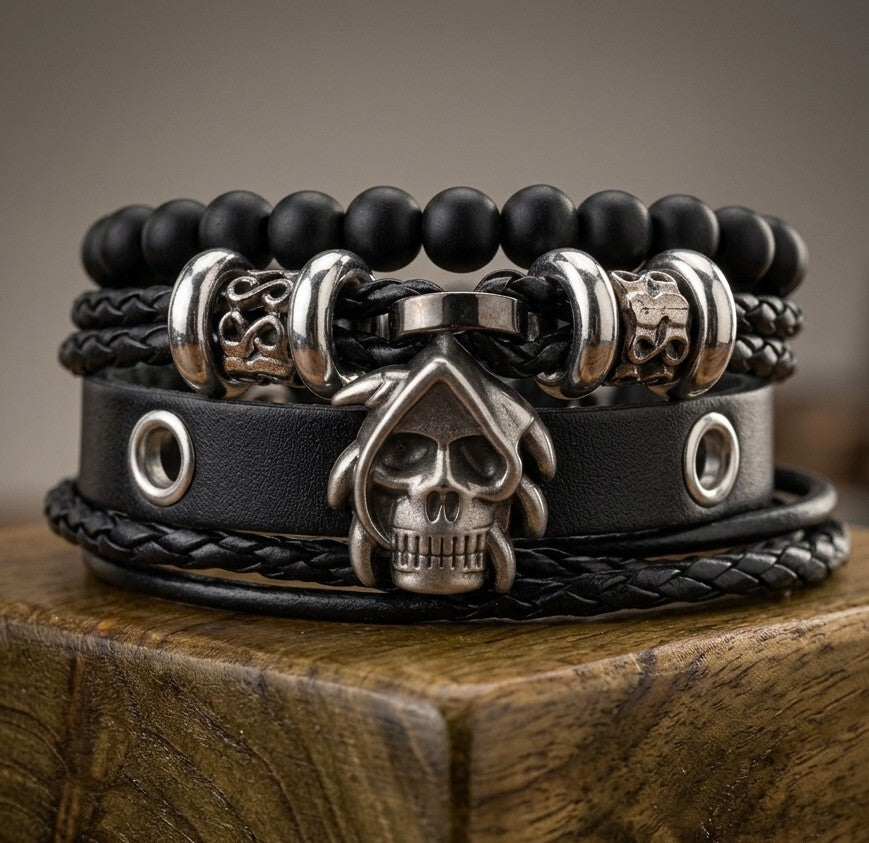 Skull Leather Bracelet | Silverado Outpost