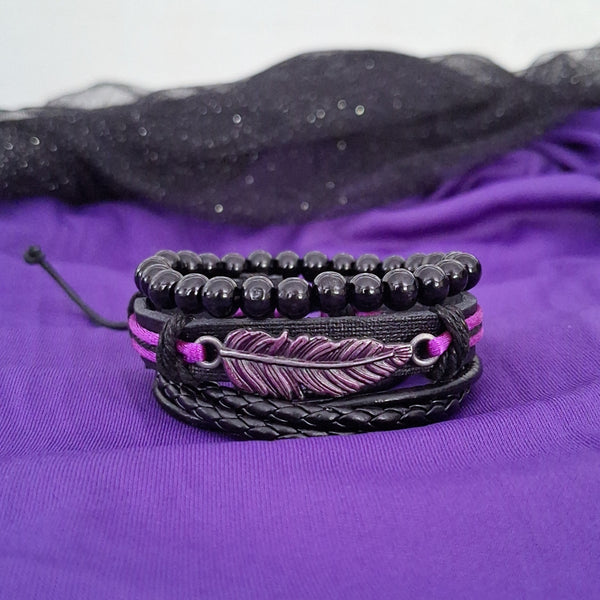 Purple Raven Feather Bracelet Set