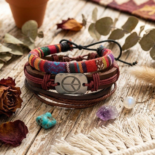 Peace Symbol Leather Wrist Stack | Boho Hippie Festival Bracelet Set | Aesthetic Summer Jewelry Gift for Men & Women